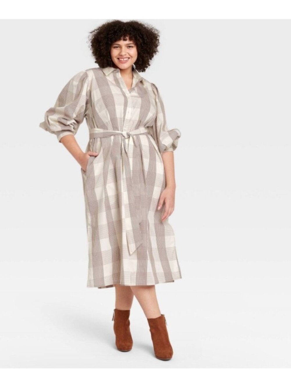 NWT A NEW DAY GINGHAM HIGH CUFF BUTTON FRON DRESS LONG SLEEVE XL  BELTED